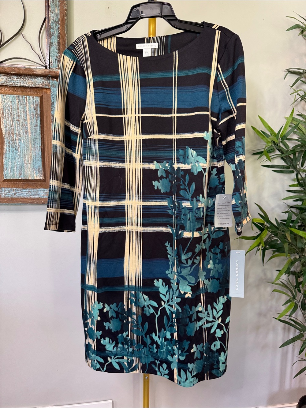 London Times Plaid midi knee length Dress with Teal Floral Accents NWT 14